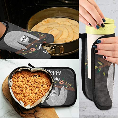 AUUXVA Funnyy Ofenhandschuhe und Topflappen-Set, lustige Faultiere, Baumzweig, hitzebeständige Baumwolle, Ofenhandschuhe, rutschfest, waschbar, Topflappen zum Kochen, Küche, Grillen, Backen, Grillen - 5