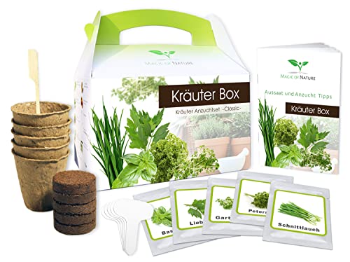 Magic of Nature BIO Kräuter Box CLASSIC – Anzuchtset – 5 Sorten BIO Samen – Perfektes Geschenk – Zum Selberzüchten oder zum Verschenken – Kinderleichte Handhabung