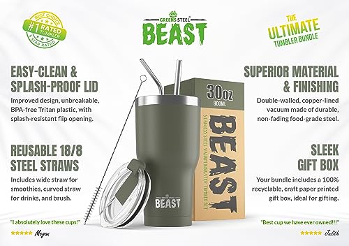 BEAST Edelstahl Becher Vakuumisolierte Tasse Kaffeebecher Doppelwandige Reiseflasche Thermobecher mit Spritzfestem Deckel, Paket mit 2 Strohhalmen, Rohrbürste & Geschenkbox (30oz, Militärgrün) - 5