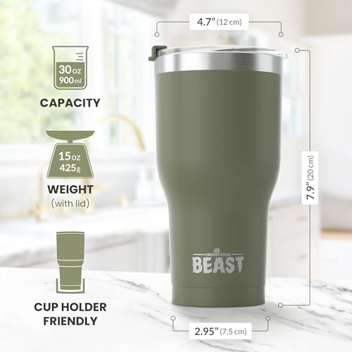 BEAST Edelstahl Becher Vakuumisolierte Tasse Kaffeebecher Doppelwandige Reiseflasche Thermobecher mit Spritzfestem Deckel, Paket mit 2 Strohhalmen, Rohrbürste & Geschenkbox (30oz, Militärgrün) - 6