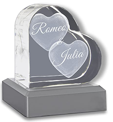 3Dglas Stimmungslicht LED Valentinstags Special | Herzform mit deiner Wunschgravur | GRATIS Leuchtsockel wechselnde Farben