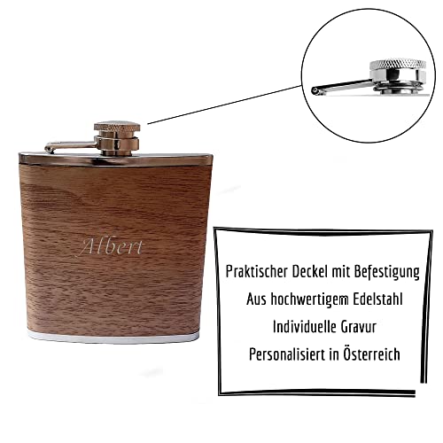 Personalisierte Flachmänner mit Gravur aus Edelstahl personalisierbar mit Namen, Datum oder Logo | Geschenk Flachmänner zur Hochzeit | Geschenkideen mit Geschenkbox Schnapsflasche (Walnussholz) - 4