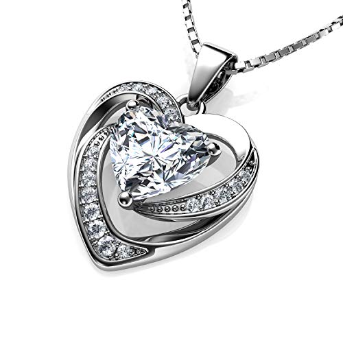DEPHINI weiße Herz-Halskette aus 925er Sterlingsilber, hochwertiger CZ-Kristallanhänger, Geburtsstein, schöner Liebesschmuck