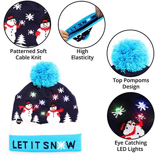 LED Weihnachtsmütze Erwachsene - Unisex Nikolaus Mütze mit Bommrel - Blaue Dehnbare Strickmütze mit 6 LED-Lichtern - mit Schneefall bedruckt - Leuchtende-Weihnachtsmütze für Weihnachtsfeier - 3