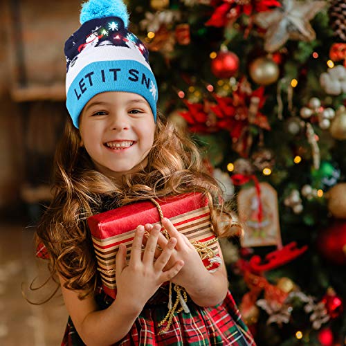 LED Weihnachtsmütze Erwachsene - Unisex Nikolaus Mütze mit Bommrel - Blaue Dehnbare Strickmütze mit 6 LED-Lichtern - mit Schneefall bedruckt - Leuchtende-Weihnachtsmütze für Weihnachtsfeier - 5