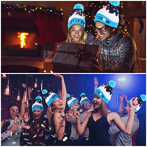 LED Weihnachtsmütze Erwachsene - Unisex Nikolaus Mütze mit Bommrel - Blaue Dehnbare Strickmütze mit 6 LED-Lichtern - mit Schneefall bedruckt - Leuchtende-Weihnachtsmütze für Weihnachtsfeier - 6