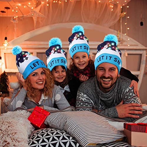 LED Weihnachtsmütze Erwachsene - Unisex Nikolaus Mütze mit Bommrel - Blaue Dehnbare Strickmütze mit 6 LED-Lichtern - mit Schneefall bedruckt - Leuchtende-Weihnachtsmütze für Weihnachtsfeier - 7