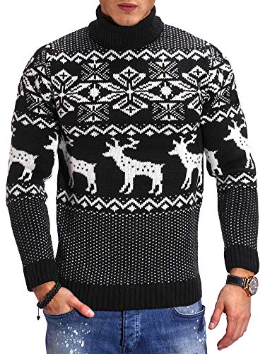 behype. Herren X-Mas Strick-Pullover mit Rollkragen Weihnachten Norweger Pulli mit Rentieren Rolli Sweatshirt 40-0194 Schwarz S