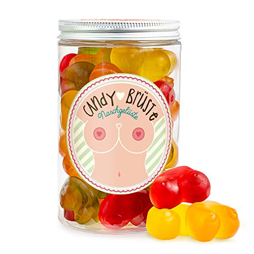 Candy Brüste – 300 Gramm Fruchtgummi Brüste in einer Geschenkdose, bunte Fruchtgummis in Form von Brüsten, lustiges Geschenk für einen JGA, 18. Geburtstag und Mädelsabend