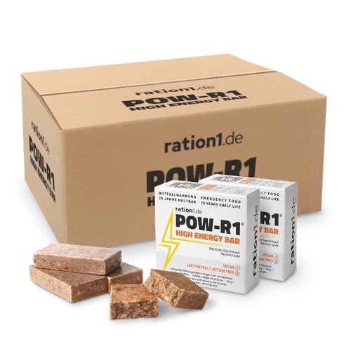 ration1 POW-R1® High Energy Bar 48er Pack – 24 Tage Vorrat für 1 Erwachsenen – aufgeteilt auf 48 Packungen mit je 4 Energieriegeln (Insgesamt 192 Powerbar Riegel) – Vegan & Laktosefrei!