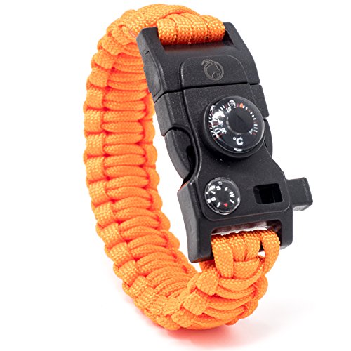 Steinbock7® Survival Armband 16-in-1, Paracord, Pfeife, Feuerstein, Messer, Kompass, Thermometer, Multitool, Orange