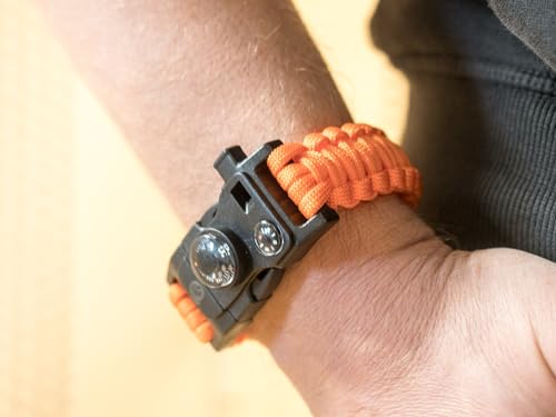 Steinbock7® Survival Armband 16-in-1, Paracord, Pfeife, Feuerstein, Messer, Kompass, Thermometer, Multitool, Orange - 2