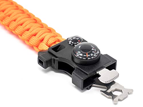 Steinbock7® Survival Armband 16-in-1, Paracord, Pfeife, Feuerstein, Messer, Kompass, Thermometer, Multitool, Orange - 4