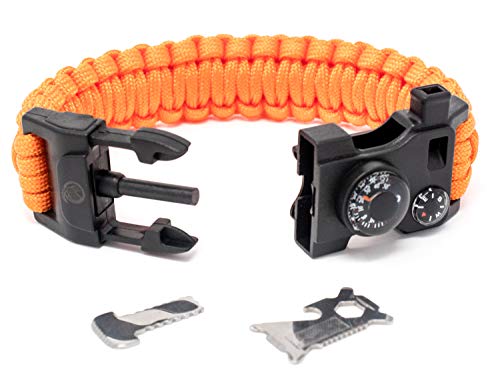 Steinbock7® Survival Armband 16-in-1, Paracord, Pfeife, Feuerstein, Messer, Kompass, Thermometer, Multitool, Orange - 5