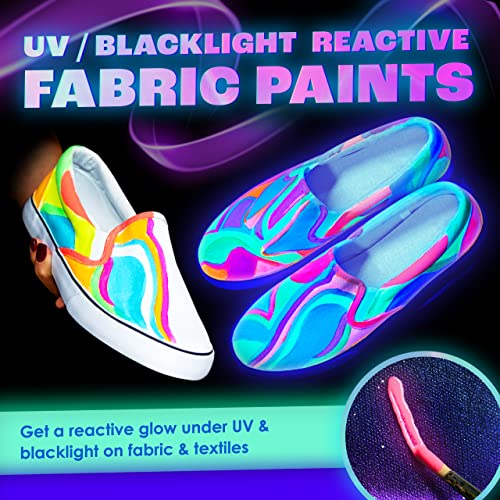 Fluoreszierende Stoffmalfarbe | 8 Schwarzlicht Textilfarben | Neon Leuchtfarbe im Set für knalligen Leuchteffekt | 8 x 20 ml UV Farben | Ideal zum T-Shirt bemalen - 2