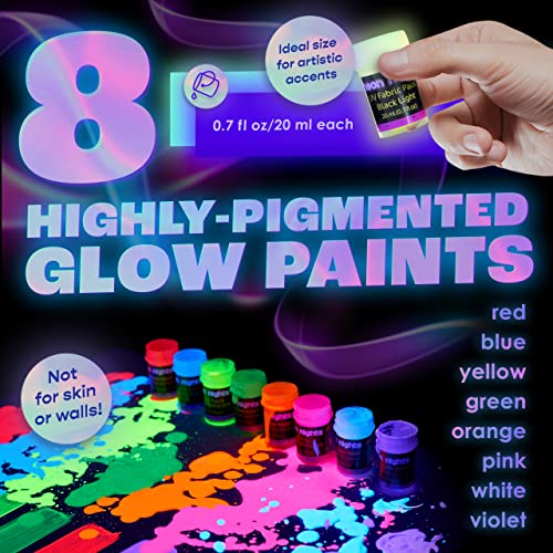 Fluoreszierende Stoffmalfarbe | 8 Schwarzlicht Textilfarben | Neon Leuchtfarbe im Set für knalligen Leuchteffekt | 8 x 20 ml UV Farben | Ideal zum T-Shirt bemalen - 3