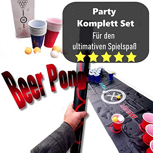 Gartenheld© Beer-Pong Trinkspiel Matte (180 x 60 cm) KOMPLETT-Set inkl. 22 x Cups 473ml Becher rot / blau, 6 x Bälle und Regelwerk / Spielregeln – Für draussen und drinnen (Beer-Pong) - 2