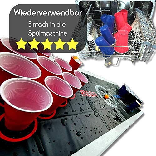 Gartenheld© Beer-Pong Trinkspiel Matte (180 x 60 cm) KOMPLETT-Set inkl. 22 x Cups 473ml Becher rot / blau, 6 x Bälle und Regelwerk / Spielregeln – Für draussen und drinnen (Beer-Pong) - 5