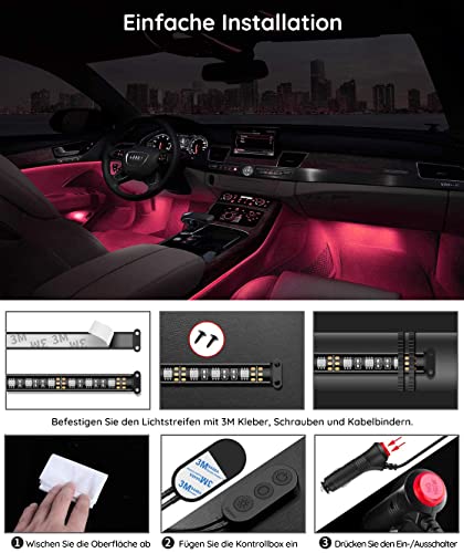 Govee LED Innenbeleuchtung Auto, 4pcs 48 LED Auto LED Strip, Upgrade Zwei-Linien-Design, Wasserdicht Beleuchtung APP Steuerbare mehrfarbig Musik Innenbeleuchtung mit Zigarettenanzünder, 12V - 8