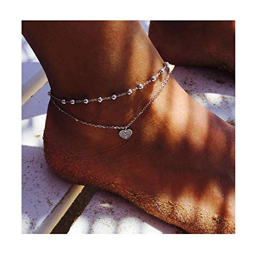 Edary Boho-Doppelherz-Fußkettchen, Vintage-Perlenkette, für Strand, auch als Armband, Schmuck für Frauen und Mädchen