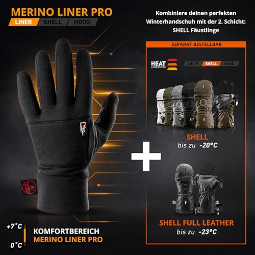 THE HEAT COMPANY – Merino Liner PRO – Warme Merino Handschuhe – Premium Qualität – Touchscreen Winterhandschuhe aus Wolle: Damen & Herren – Laufhandschuh, Fahrradhandschuh, schwarz, Gr. 8-9 - 2