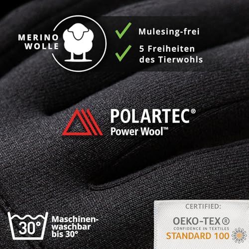 THE HEAT COMPANY – Merino Liner PRO – Warme Merino Handschuhe – Premium Qualität – Touchscreen Winterhandschuhe aus Wolle: Damen & Herren – Laufhandschuh, Fahrradhandschuh, schwarz, Gr. 8-9 - 6
