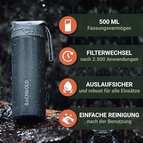 Bachgold® Profi Outdoor Wasserfilter Flasche [650ml] mit 1500L Filterkapazität I entfernt 99,99% aller Bakterien und filtert Viren, Partikel und Schwermetalle I Blackout- & Krisensicher - 5