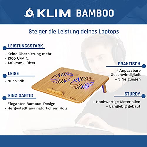 KLIM Bamboo – Laptop Kühlungspad – Anpassbare Geschwindigkeit – Kühlende Unterlage mit Lüftern und Bambus Struktur, für Laptops zwischen 10” und 15,6” – Extra USB Port [ Neue 2020 Version ] - 2