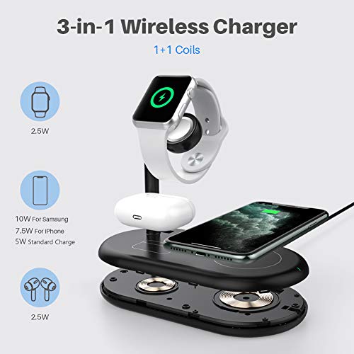 yootech 3 in 1 Kabelloses Ladegerät, 7,5W Wireless Charger für iPhone SE 2020/11/Pro Max/XS/X/8, Galaxy S10 usw, 2,5W Qi Ladestation für AirPods Pro, Apple Watch (kein iWatch Ladekabel und Netzteil) - 3