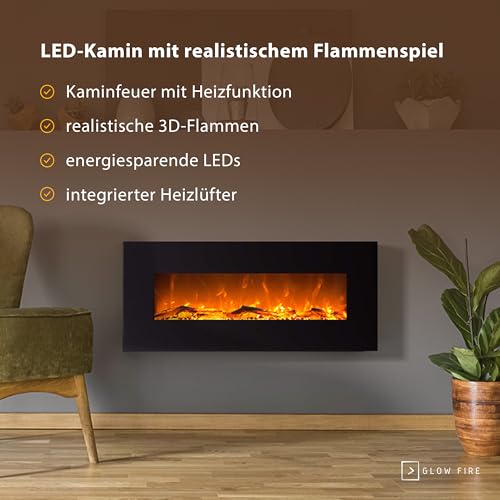 Elektrokamin GLOW FIRE Mars, 130 cm breit, Wandkamin elektrisch (1500 Watt Heizlüfter, Farbige LED-Beleuchtung; Glasscheibe, Dimmer, Fernbedienung) schwarz (Flammen mit Holzdekoration) - 3