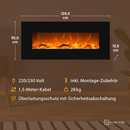 Elektrokamin GLOW FIRE Mars, 130 cm breit, Wandkamin elektrisch (1500 Watt Heizlüfter, Farbige LED-Beleuchtung; Glasscheibe, Dimmer, Fernbedienung) schwarz (Flammen mit Holzdekoration) - 4