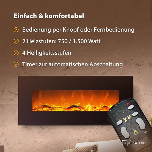 Elektrokamin GLOW FIRE Mars, 130 cm breit, Wandkamin elektrisch (1500 Watt Heizlüfter, Farbige LED-Beleuchtung; Glasscheibe, Dimmer, Fernbedienung) schwarz (Flammen mit Holzdekoration) - 5