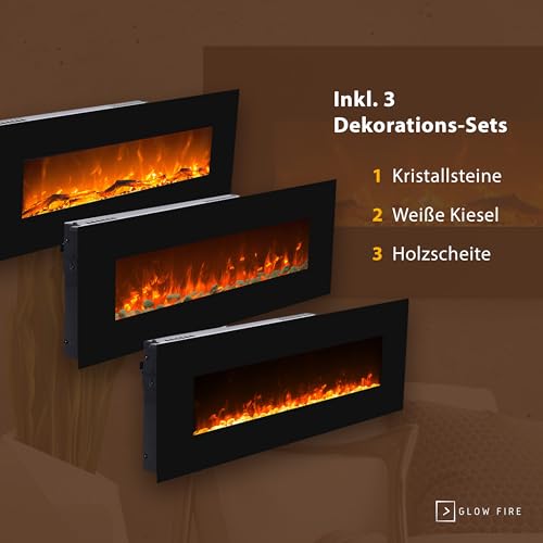 Elektrokamin GLOW FIRE Mars, 130 cm breit, Wandkamin elektrisch (1500 Watt Heizlüfter, Farbige LED-Beleuchtung; Glasscheibe, Dimmer, Fernbedienung) schwarz (Flammen mit Holzdekoration) - 6