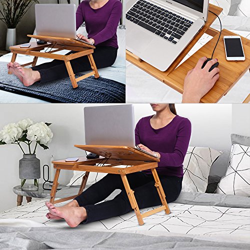 Himimi Bambus Laptoptisch Notebooktisch klappbarer Lapdesk mit Schublade, höhenverstellbar Faltbare Betttisch für Lesen oder Frühstücks, Zeichentisch und Esstisch für Bett 55 x (22.8-31) x 35 cm - 2