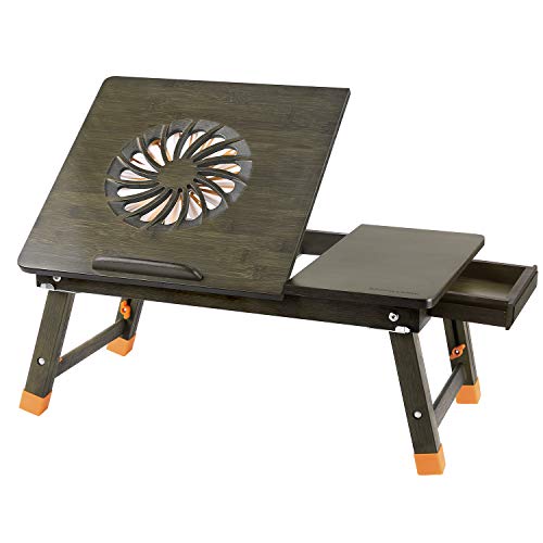 Nnewvante Laptop-Schreibtisch Verstellbarer Laptop-Schreibtisch Tisch aus 100% Bambus mit USB-Ventilator Faltbarer Frühstücks-Serviertisch mit Schublade-Bronze