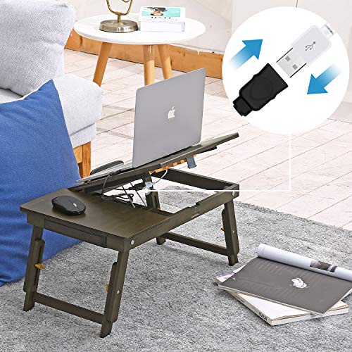 Nnewvante Laptop-Schreibtisch Verstellbarer Laptop-Schreibtisch Tisch aus 100% Bambus mit USB-Ventilator Faltbarer Frühstücks-Serviertisch mit Schublade-Bronze - 4