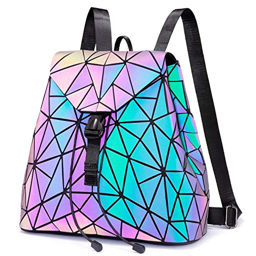 LOVEVOOK Geometrischer Rucksack, Damenrucksäcke Elegant, Leuchtende Schultasche Holographic Tasche, Daypack Tagesrucksack, für Schule College Reise Party