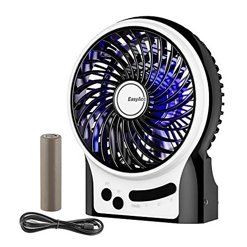 EasyAcc Mini Desktop USB Ventilator Personal Fan mit 2600 mAh aufladbarer Batterie Akku LED-Licht Beweglicher 3 einstellbare Geschwindigkeiten für Indoor und Outdoor Aktivitäten - Schwarz