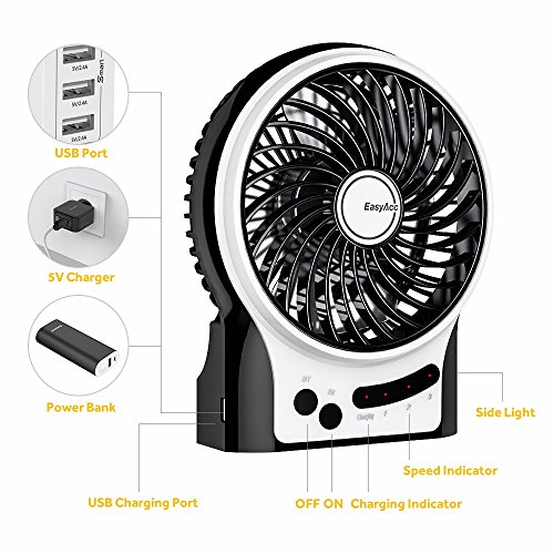 EasyAcc Mini Desktop USB Ventilator Personal Fan mit 2600 mAh aufladbarer Batterie Akku LED-Licht Beweglicher 3 einstellbare Geschwindigkeiten für Indoor und Outdoor Aktivitäten – Schwarz - 4