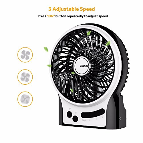 EasyAcc Mini Desktop USB Ventilator Personal Fan mit 2600 mAh aufladbarer Batterie Akku LED-Licht Beweglicher 3 einstellbare Geschwindigkeiten für Indoor und Outdoor Aktivitäten – Schwarz - 5