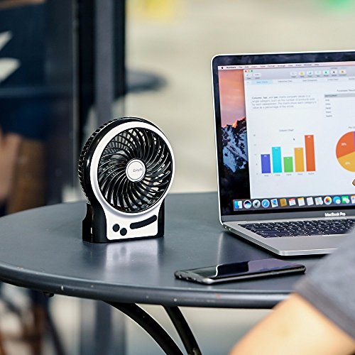 EasyAcc Mini Desktop USB Ventilator Personal Fan mit 2600 mAh aufladbarer Batterie Akku LED-Licht Beweglicher 3 einstellbare Geschwindigkeiten für Indoor und Outdoor Aktivitäten – Schwarz - 6