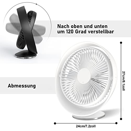 leiser USB Ventilator, RATEL 8 Zoll 2000mAh wiederaufladbarer kleiner Tischventilator, 60° Drehwinkel 3 Geschwindigkeitsstufen, für das Büro/Freien/Schlafzimmer, USB Kabel enthalten - 5