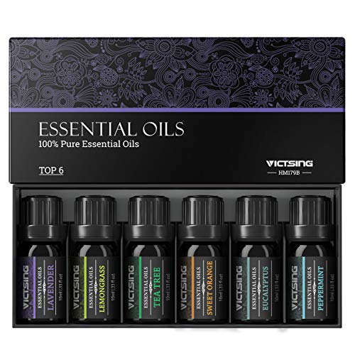 VicTsing Ätherische Öle Set (6x10ml), Essential Oil für Aromatherapie, Duftöl für Aroma Diffuser, 100% Rein Öle, Lavendel, Pfefferminz, Teebaum, Zitronengras, Eukalyptus, süße Orange-Braun