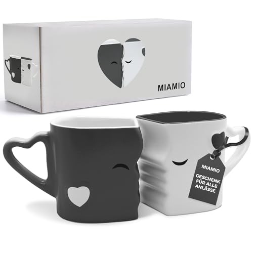 Mia Mio – Kaffeetassen/Küssende Tassen Geschenk Set zu Ostern/Hochzeit für Freund/Freundin aus Keramik (Grau)