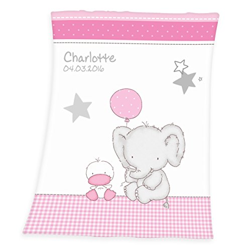 Wolimbo Flausch Babydecke mit Ihrem Wunsch-Namen und Ballon Elefant Ente Motiv - personalisierte / individuelle Geschenke für Babys und Kinder zur Geburt, Taufe und Geburtstag - 75x100 cm für Mädchen und Jungen