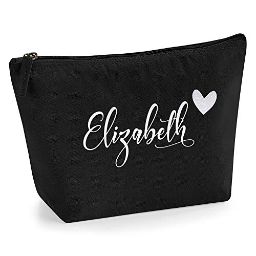 Personalisiert Name Initialen & Herz Kosmetiktasche Damen Schminktasche für Handtasche Makeup Tasche - Glitter oder Flocke Material Druck - Holo Weißer Glitzer - L | Schwarz