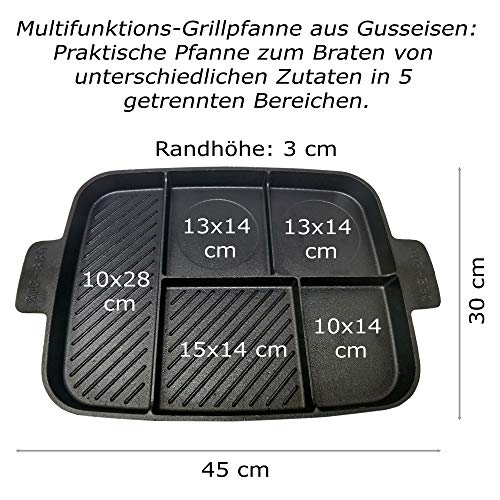 ToCis Big BBQ 5 in 1 Grillpfanne Gusseisen, Grill Mehrfachpfanne mit Griffen, Geteilte Bratpfanne, 45x30x3cm - 2