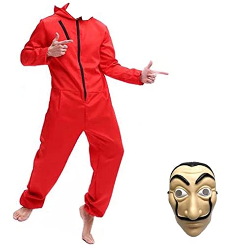 Yigoo Haus des Geldes Kostüm Overall mit Dali Maske Cosplay für Herren, Damen Erwachsene - Fasching, Karneval, Halloween Rot 2XL