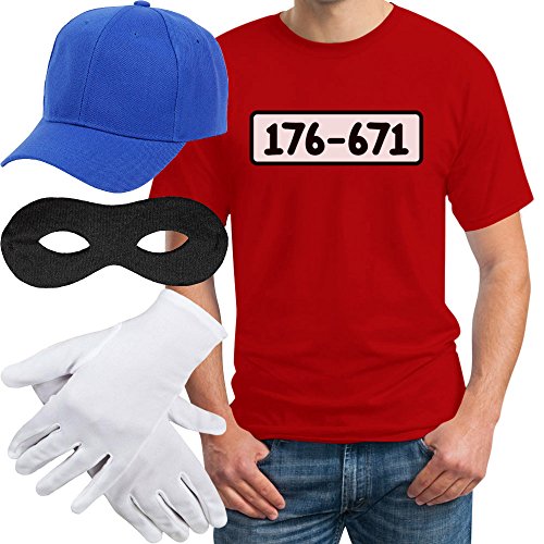 Panzerknacker Banditen Bande Herren Kostüm Shirt + MÜTZE + Maske + Handschuhe T-Shirt XL Rot