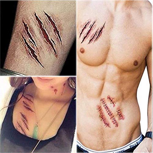 Chengzhi Temporäre Tattoos (10 Blatt) – Halloween Zombie Scars Tattoos Aufkleber mit gefälschten Scab Blut Spezial Fx Kostüm Makeup Stützen - 4